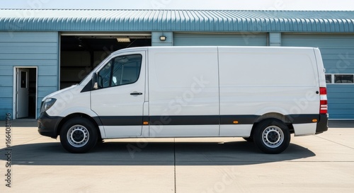 A modern white cargo van is parked in front of a blue industrial building with the garage door open, showcasing its side profile under a clear sunny sky