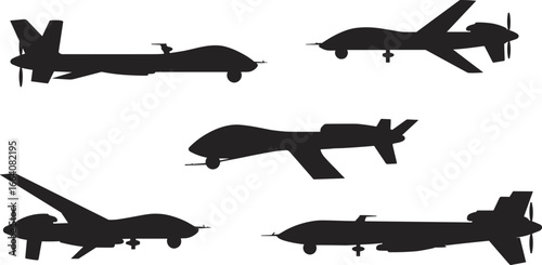 Military drone silhouette collection, unmanned aerial vehicles, UAV shapes, black vector icons, reconnaissance aircraft, surveillance technology, aviation design elements