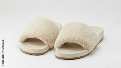 Pair of light beige faux fur slides on a white background