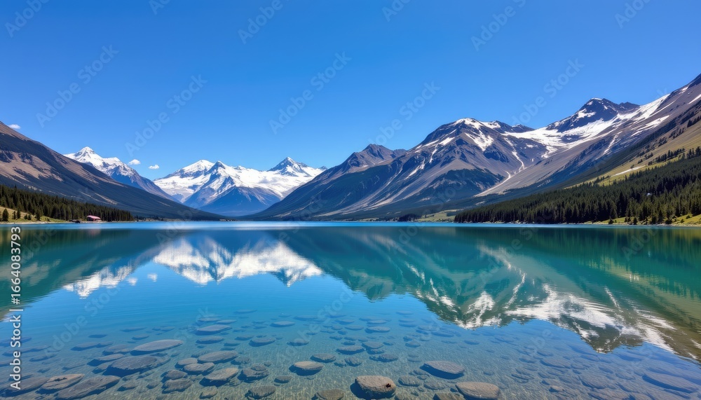 Fototapeta premium Serene Mountain Landscape with Crystal Clear Lake and Reflection under Bright Blue Sky