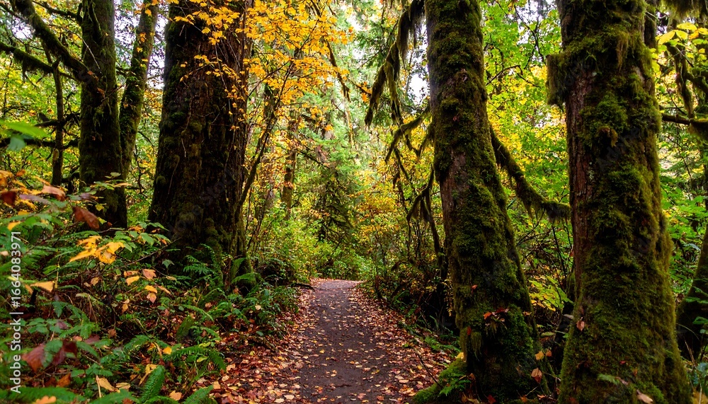 Obraz premium A pathway winds through a mossy forest, vibrant with autumnal foliage.