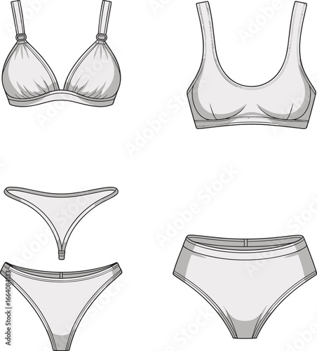 Women's Bikini and Lingerie Set Vector – Front and Back View of Bralette, Panties, Thong, and Underwear Fashion Illustration