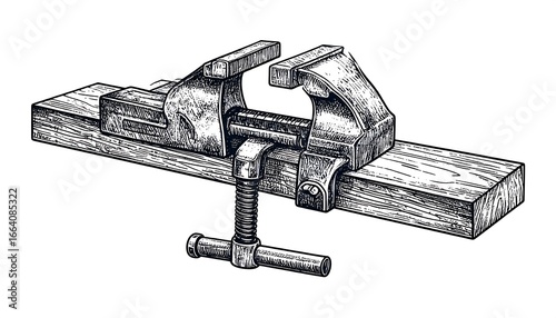 A detailed hand-drawn illustration of a vintage woodworking vise clamping a piece of wood.