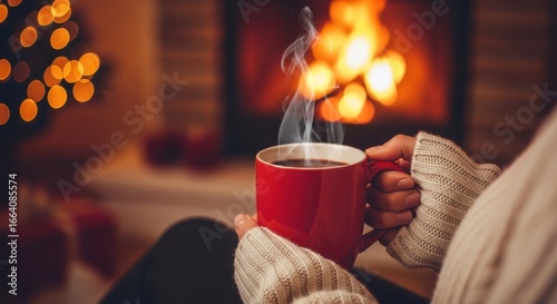 A person wearing a cozy sweater holds a steaming red mug of hot beverage in front of a warm fireplace with festive bokeh lights in the background