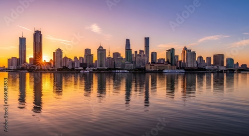Wallpaper Mural Stunning Sunrise Over Modern City Skyline Reflected in Calm River Water Torontodigital.ca