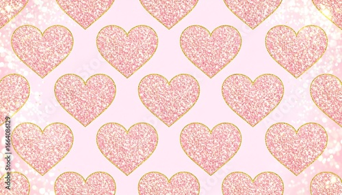 A charming, repeating pattern of glittering pink hearts, outlined in gold, against a soft, pastel background.
