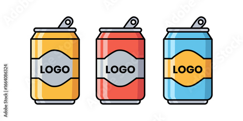 Three vector illustrations of modern soda cans in yellow, red, and blue. Each can features a blank label with customizable "LOGO" text.