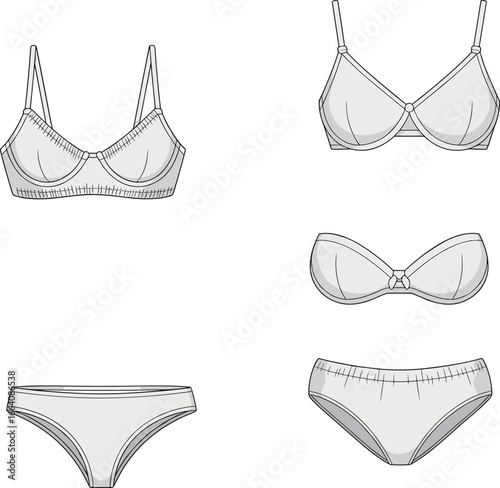 Vector illustration of women's lingerie set including bra and panties, minimal flat design for fashion, apparel, and undergarment design projects.
