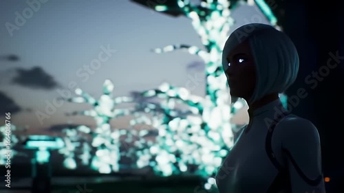 Futuristic Woman in Sci-Fi Cityscape at Dusk