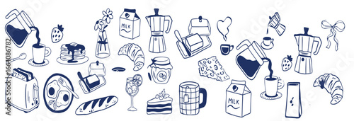 Coffee hand drawn doodle sketch set vector illustration. Morning breakfast, milk, dessert, croissant, machine, menu icons collection