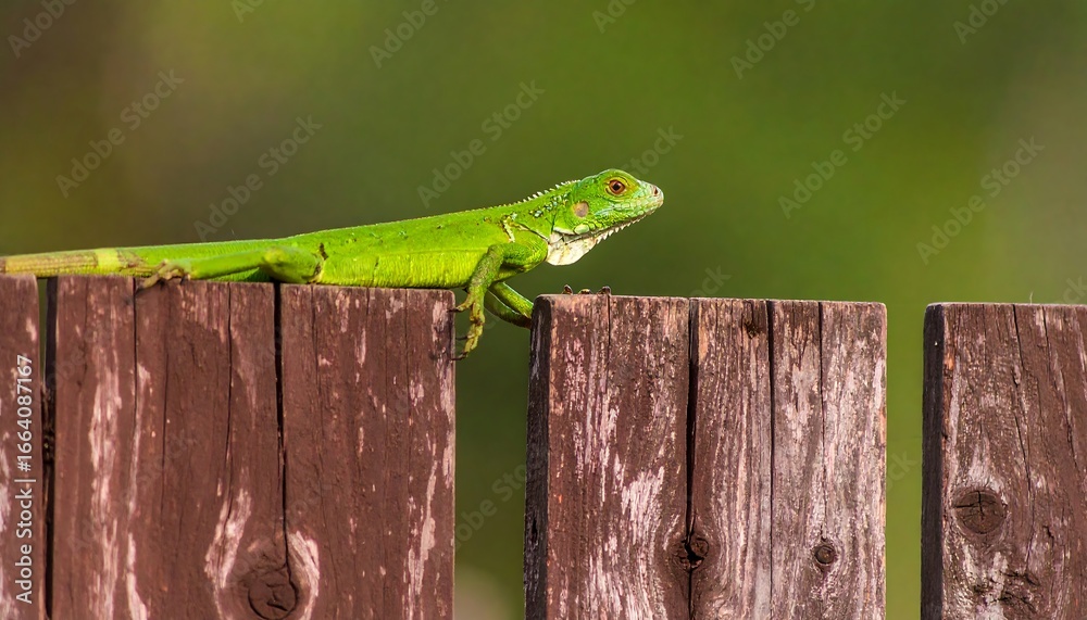 Fototapeta premium A vibrant green iguana rests atop weathered, brown wooden fence planks.
