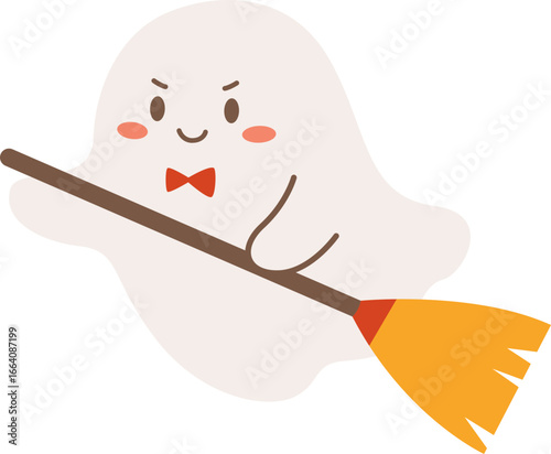 Cute Ghost Flying Broomstick Illustration