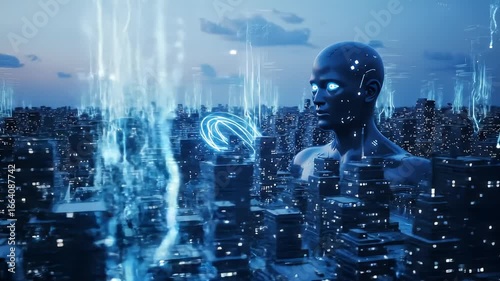 Cybernetic Guardian: Digital Cityscape with AI Presence