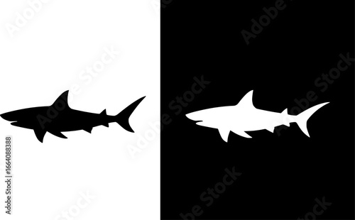 Shark silhouette vector artwork, bold black and white minimal ocean predator strength design