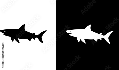 Shark silhouette vector artwork, bold black and white minimal ocean predator strength design