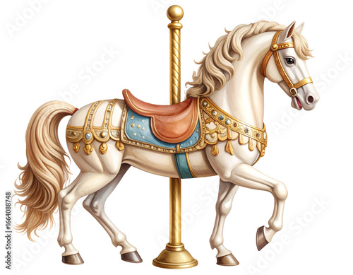  Victorian Carousel Horse with Ornate Saddle and Brass Pole, Side Profile, Isolated