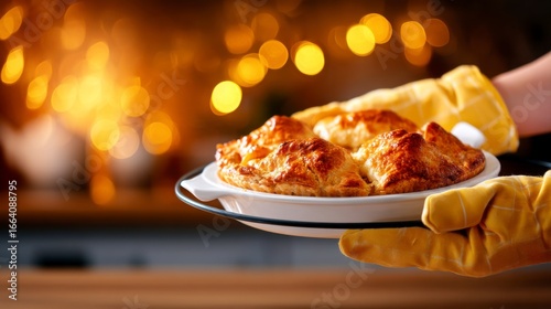 A warm, inviting scene featuring a person in yellow oven mitts serving a freshly baked dish on a plate against a blurred, twinkling background.