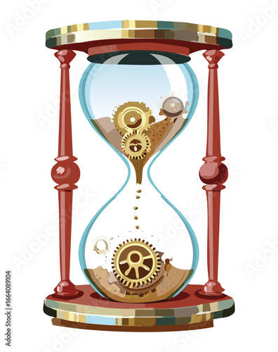 A rustic hourglass with warm earthy-toned sand and visible antique gears, evoking a sense of timelessness and the historical measurement of moments