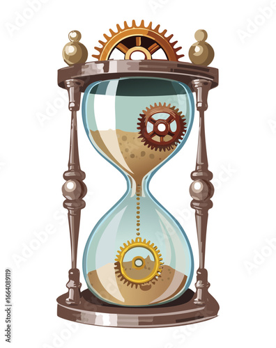 A meticulously crafted steampunk hourglass with visible brass gears and cogs, showcasing the intricate mechanics of timekeeping in a vintage style