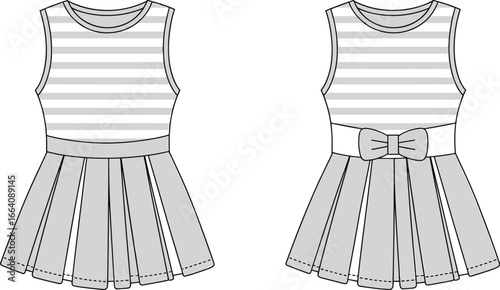 Vector illustration of sleeveless striped top dress with pleated skirt, waist belt with bow, front and back fashion technical sketch