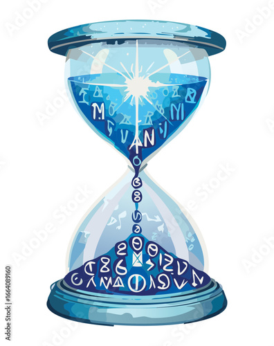 A mystical hourglass containing sparkling blue particles and celestial symbols, against a dark backdrop suggesting cosmic time and ephemeral moments