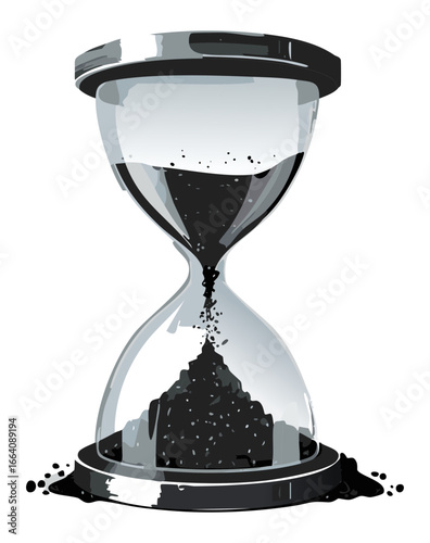 An elegant glass hourglass with a dark, granular substance flowing through its narrow passage against a stark white backdrop