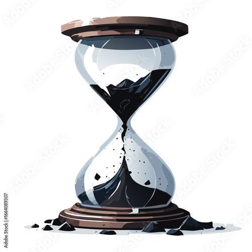 Striking hourglass with black and white sand, symbolizing time, balance, and dualism.