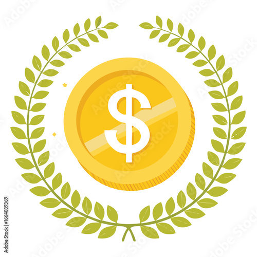 A classic silver coin with a large dollar sign surrounded by a finely detailed laurel wreath, representing success, wealth, and lasting achievement