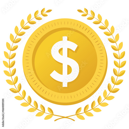 A bright, polished golden coin with a dollar symbol and a detailed laurel wreath on a ring of beads, symbolizing financial triumph and victory