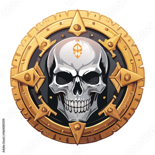 A dark, striking emblem featuring a human skull on a circular, studded shield, conveying themes of danger, fantasy, power, and adventure