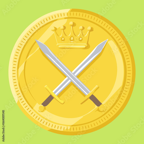 Gold coin with crossed swords and a crown, a symbolic illustration of victory, power, and a clash of authority.