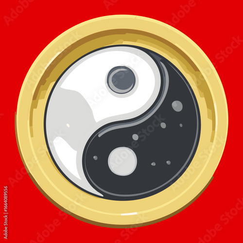 Shiny gold coin with a black and white Yin and Yang, a bright illustration representing balance and harmony.