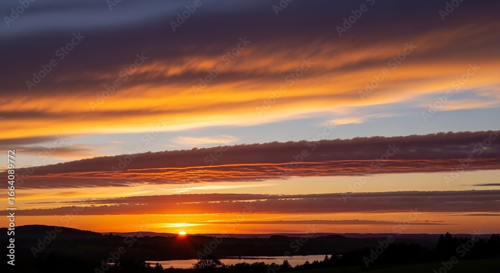 Fototapeta premium Sunset over lake and hills