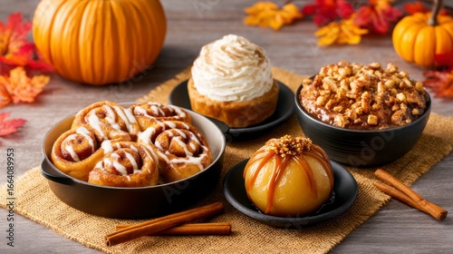 A delightful assortment of autumn-themed desserts featuring cinnamon rolls, pumpkin treats, and caramel apples surrounded by seasonal decor.
