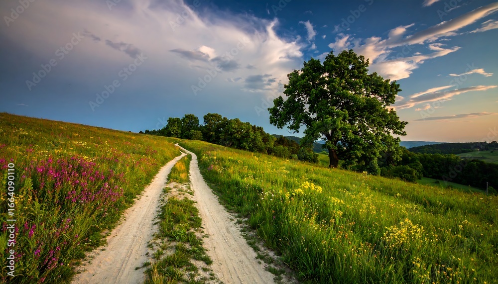 Obraz premium A scenic dirt road winds through a vibrant meadow, bordered by wildflowers and lush greenery under a dramatic sky.