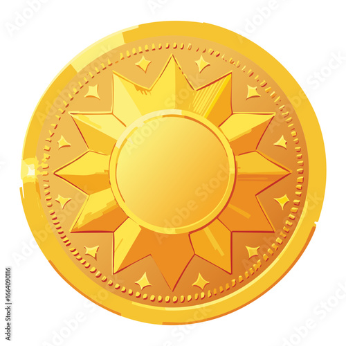 Visual Illustration Game coin, a shiny gold medallion with an embossed sun symbol, ancient mythical sun-themed currency.