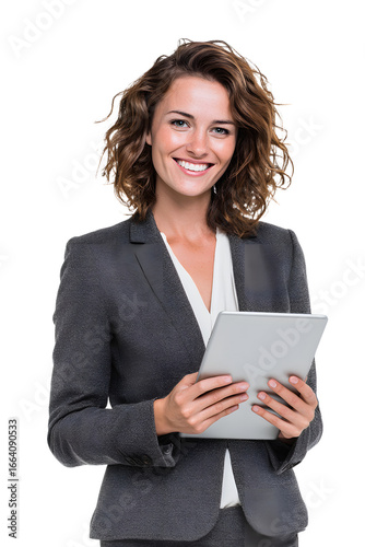 Smiling businesswoman with curly hair holding a tablet in a professional setting.