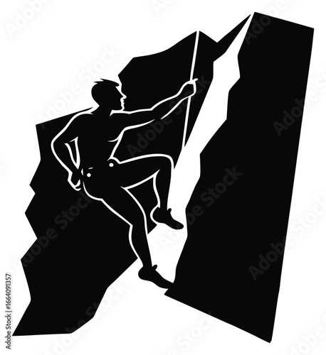 Rock climber silhouette ascending a steep cliff with rope challenge