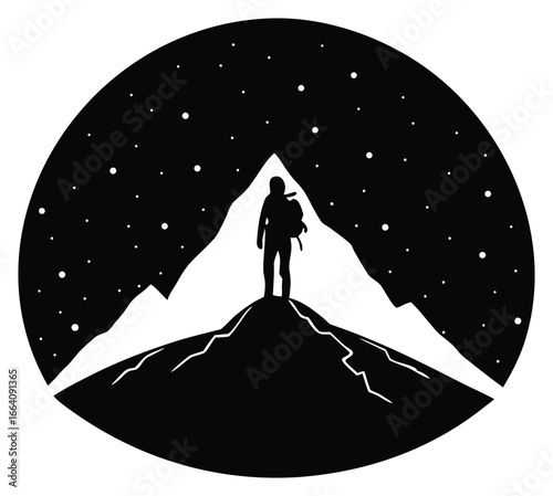 Silhouette of a backpacker on a mountain peak under a starry night sky