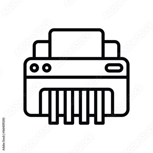 A black outlined document shredder with visible shredded paper. Editable stroke. Vector illustration