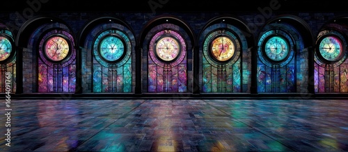 Empty Hall with Colorful Stained Glass Clocks