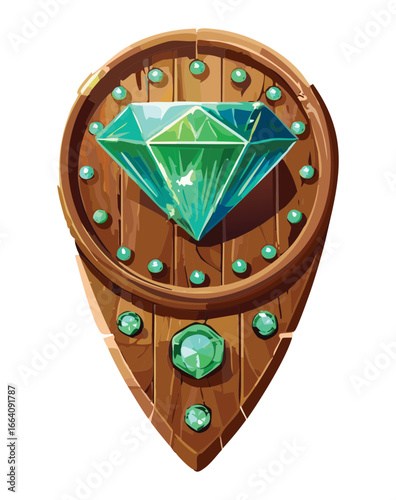 A polished emerald gem on an old wooden plank, a valuable Visual Illustration Game asset for an inventory or resource bar
