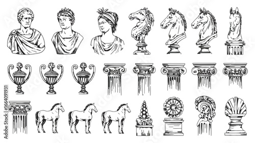 Historical Sculpture Vector Collection of Male and Female Busts, Horse Head, and Ancient Architectural Elements