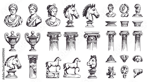 Classic Architecture Vector Pack Featuring Antique Statues, Portrait Busts, Columns, and Capitals