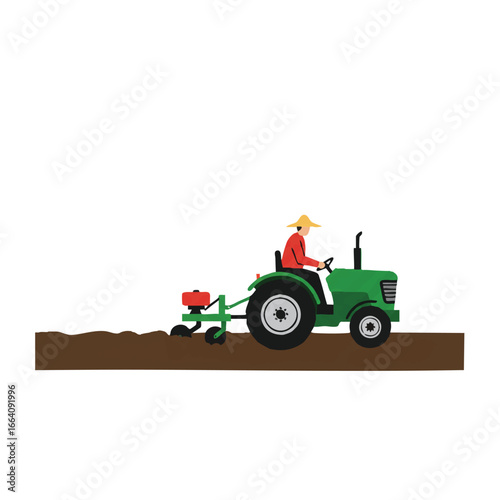 A minimalist 2D flat vector illustration depicts a farmer diligently tilling fertile soil with a red tractor, showcasing clean lines and solid colors in a modern graphic style, isolated on white.