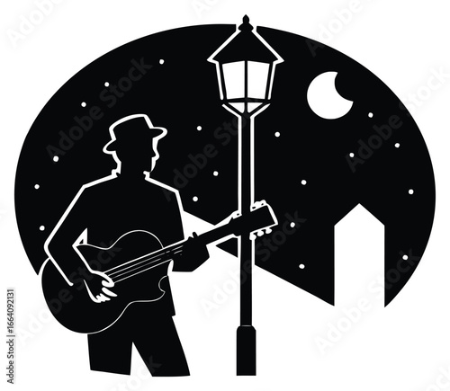 Silhouette of a guitar player with a hat under the moon and stars