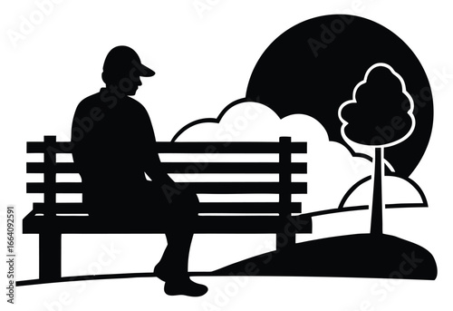 Silhouette of a man sitting on a bench in a park background