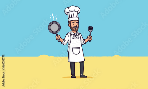 A friendly, bearded chef wearing a classic white hat and apron smiles while holding a steaming frying pan and a kitchen spatula. The character is portrayed in a simple, flat-style illustration.