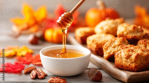 A cozy autumn scene featuring honey drizzling into a bowl, accompanied by biscuits and seasonal decorations like pumpkins and colorful leaves.