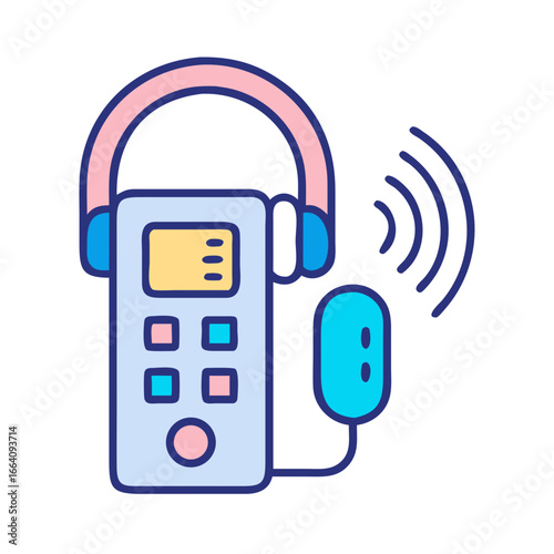 Audio recorder with headphones and clip-on microphone illustration